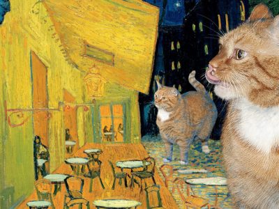 Vincent van Gogh, Terrace of a café at night visited by giant cats
